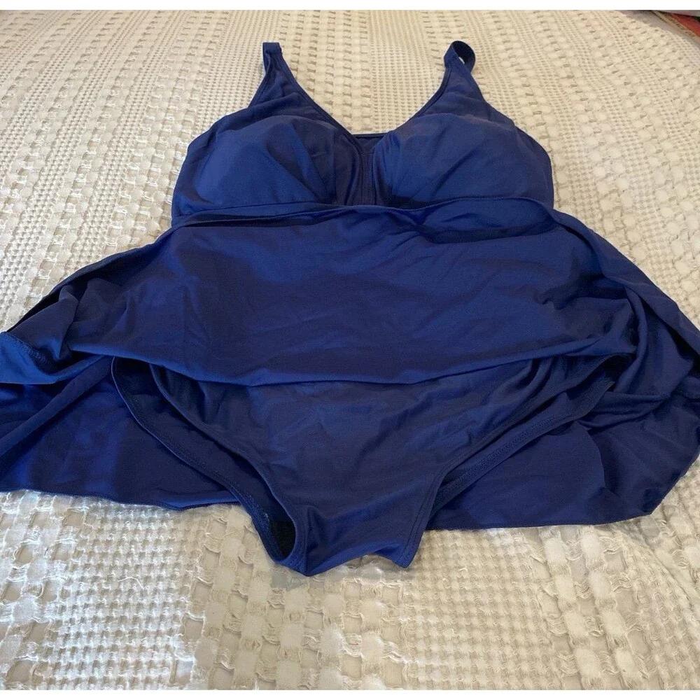 Perona One Piece Swimsuit Modest Plus Size 2X Navy Blue‎ Flattering Long Skirt - Picture 6 of 11
